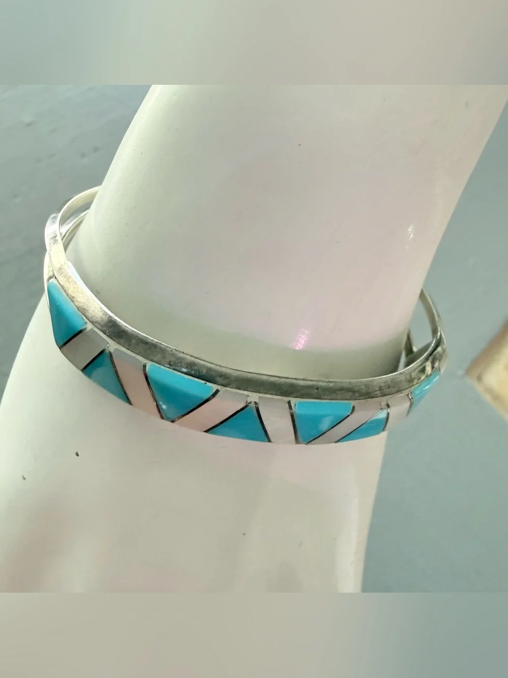 Native 925 Sterling Silver Turquoise Mother of Pearl Inlay Cuff Bracelet